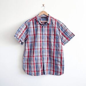Nautica Mens Collared Shirt Button Down Short Sleeve Plaid Red Blue XL